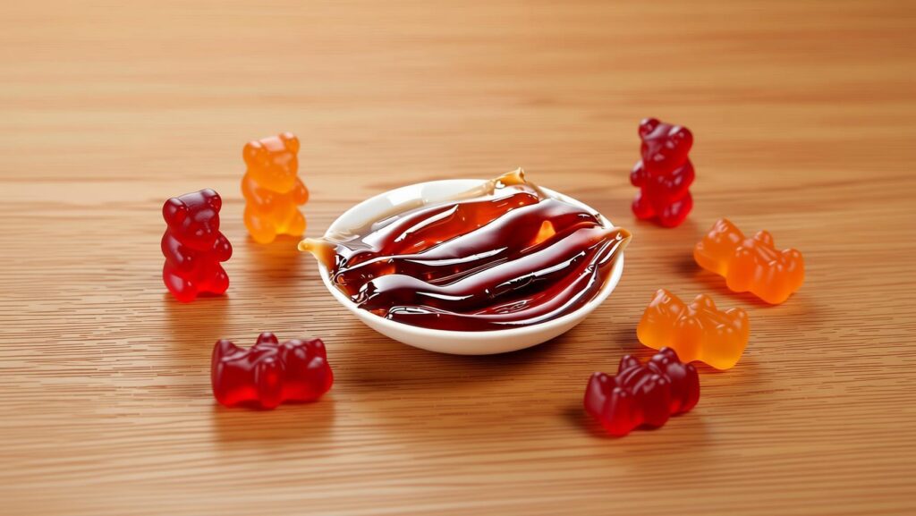 Several gummies and jelly sticks were displayed on the table.