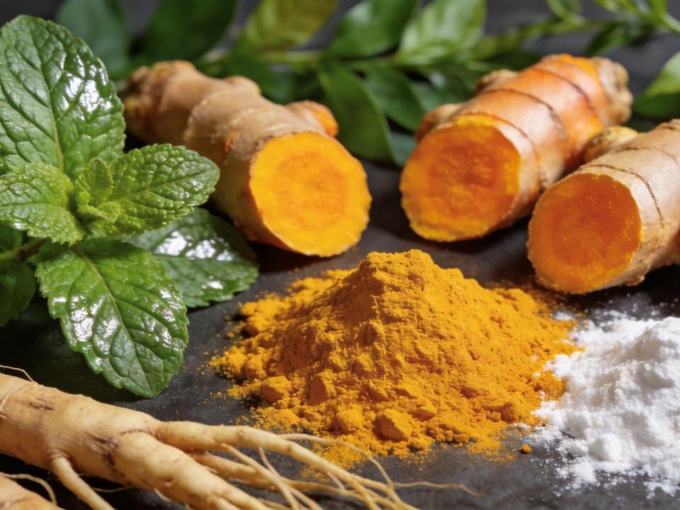 Natural functional ingredients including turmeric root, mint leaves, and adaptogenic herbs arranged on dark background, representing innovative supplement ingredient concepts.